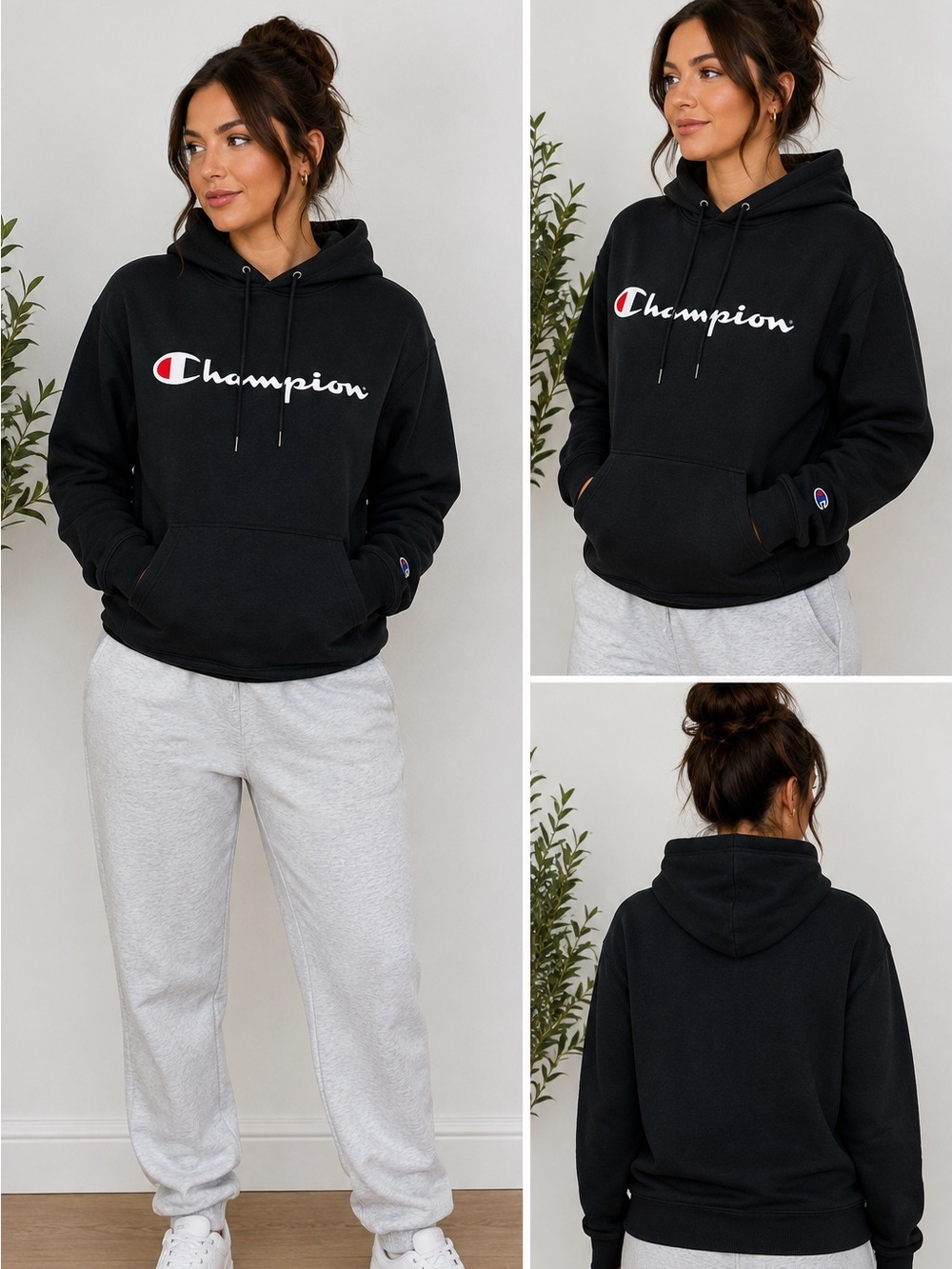 Champion Black Logo Hoodie Pullover Sweatshirt Medium